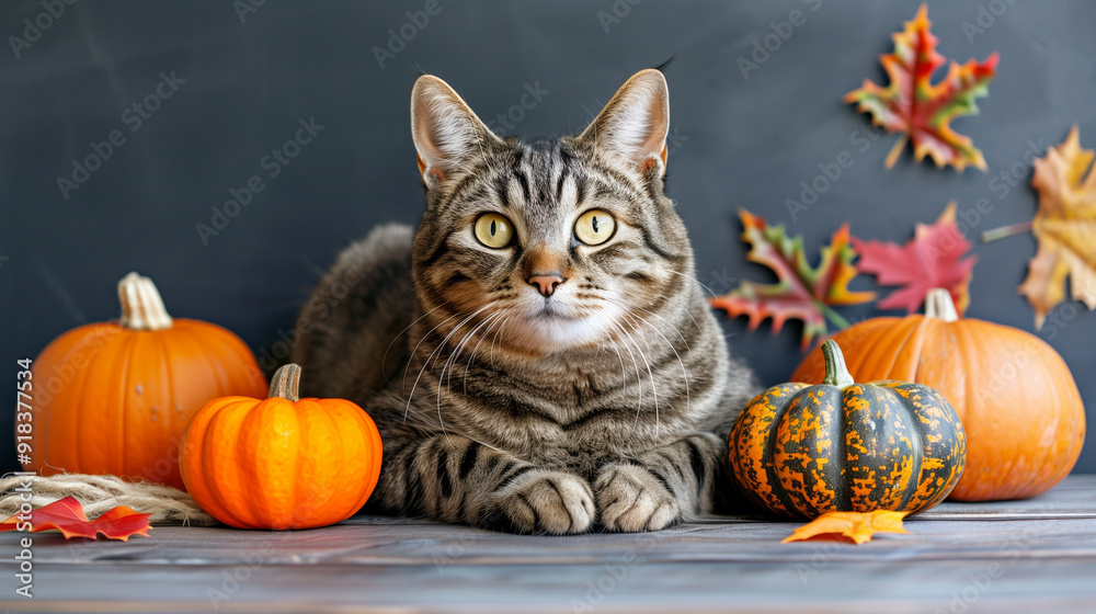 Charming tabby cat in halloween decorations with bright pumpkins and autumn leaves over clean gray backdrop Charming tabby cat in halloween decorations with bright pumpkins and autumn leaves over clean gray backdrop