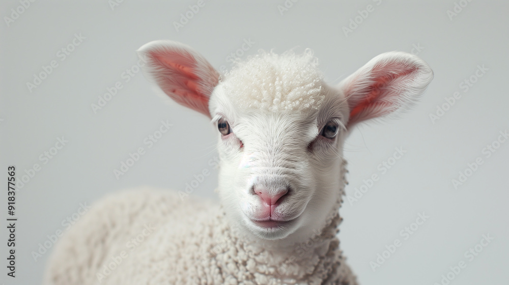 Portrait of fluffy white lamb on light backgdrop