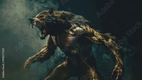 A terrifying half-human, half-wolf werewolf in a moment of transformative mutation