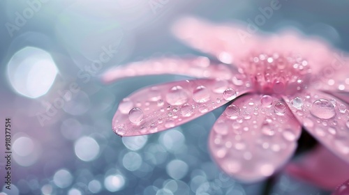 Delicate Pink Flower Covered in Rain Drops on a Soft Background at Dawn