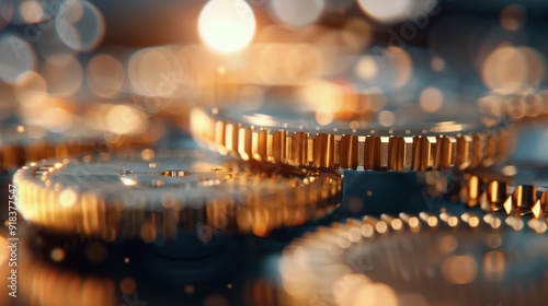 Close-Up of Interlocking Gears With Gold Finish and Glowing Background