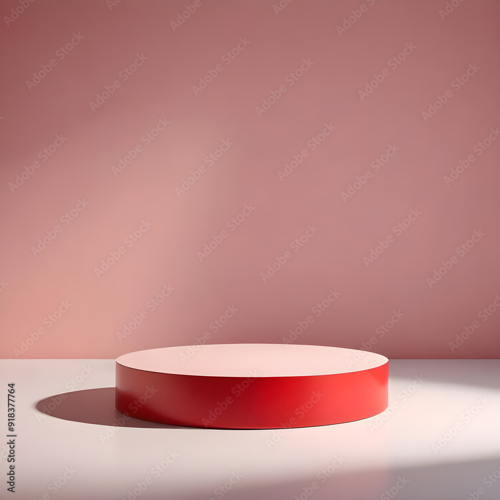 A round podium with a red circle on it is lit up for mock up A round podium with a red circle on it is lit up for mock up