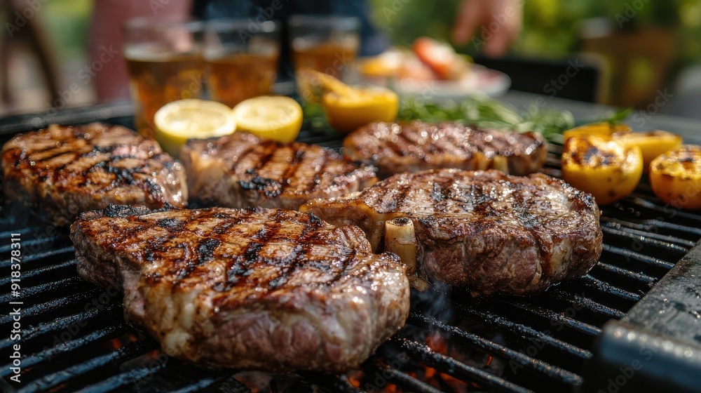 Group of friends BBQ beef steaks at garden party Group of friends BBQ beef steaks at garden party
