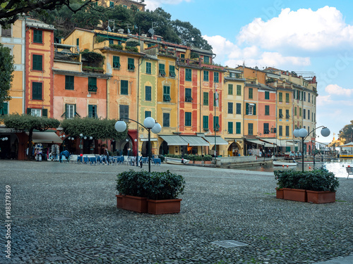 Glimpse of Portofino, a famous Ligurian fishing village with its picturesque, colourful houses and many small tourist spots overlooking the sea, at sunset