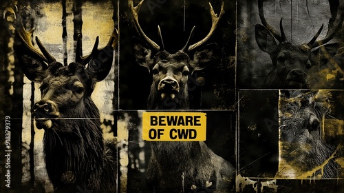 A collage series of grungy zombie deer with the words Beware of CWD. photo