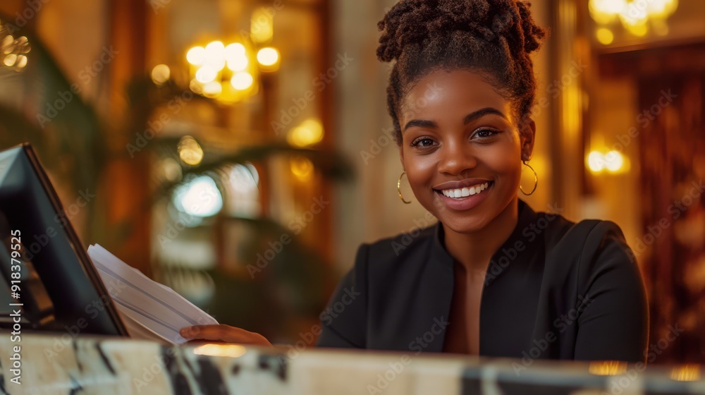 Smiling hotel receptionist handling calls and papers Smiling hotel receptionist handling calls and papers