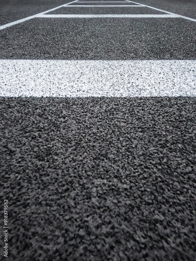 Fototapeta premium Rubber Black Sports Track Surface with White Lines. Surface level view looking down the running track for the field jump event. Artificial textured surface with horizontal and vertical white lines.
