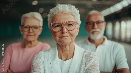 A group of senior individuals standing closely together, wearing glasses and exuding confidence, portrayed against a well-lit background, symbolizing unity and strength in aging. photo