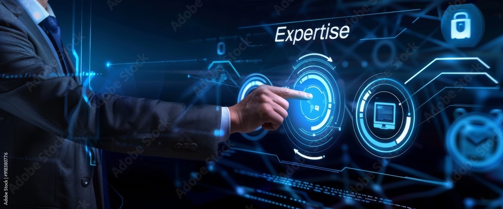 Fototapeta premium A business professional interacts with a digital interface highlighting his consulting expertise.