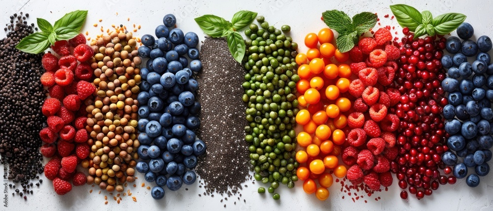 Assorted superfoods, white background, natural light, empty copy space Assorted superfoods, white background, natural light, empty copy space