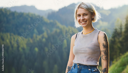 Wallpaper Mural Young blond pretty smiling girl beauty female model with short hair  in the mountains Torontodigital.ca