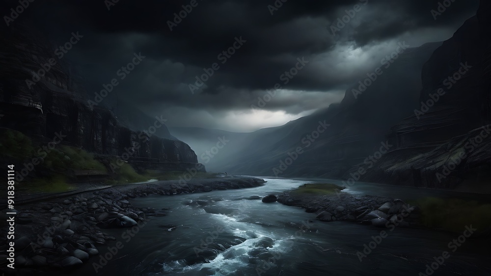 Obraz premium Dark clouds above the river