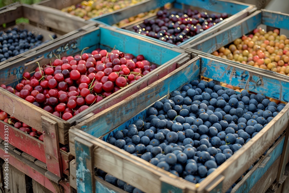 Assorted fruits including plums, cherries, and gooseberries in rustic wooden boxes Assorted fruits including plums, cherries, and gooseberries in rustic wooden boxes