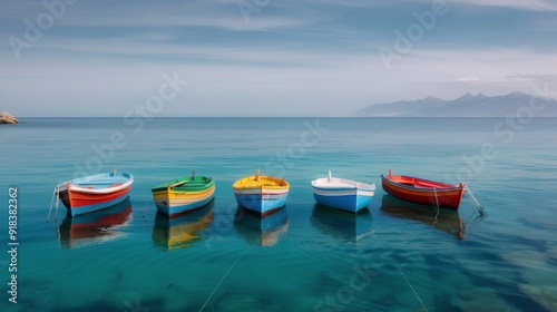 Colorful Fishing Boats Anchored in Clear Ocean Water