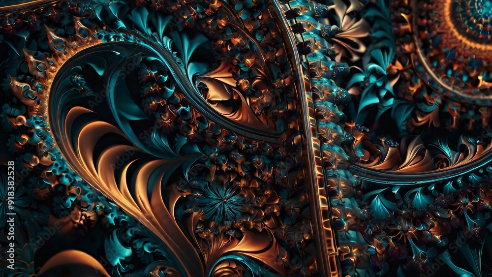 abstract Detailed of fractal artwork featuring teal and gold patterns intertwined with complex swirling shapes. abstract Detailed of fractal artwork featuring teal and gold patterns intertwined with complex swirling shapes.