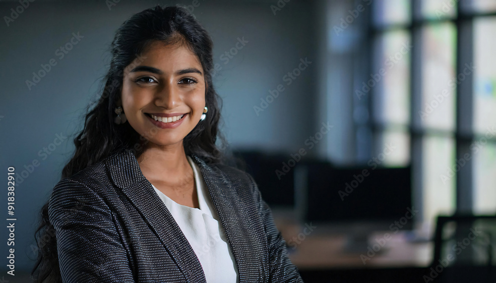 Young smiling Indian 30s 40s years businesswoman professional standing confident in modern office Young smiling Indian 30s 40s years businesswoman professional standing confident in modern office