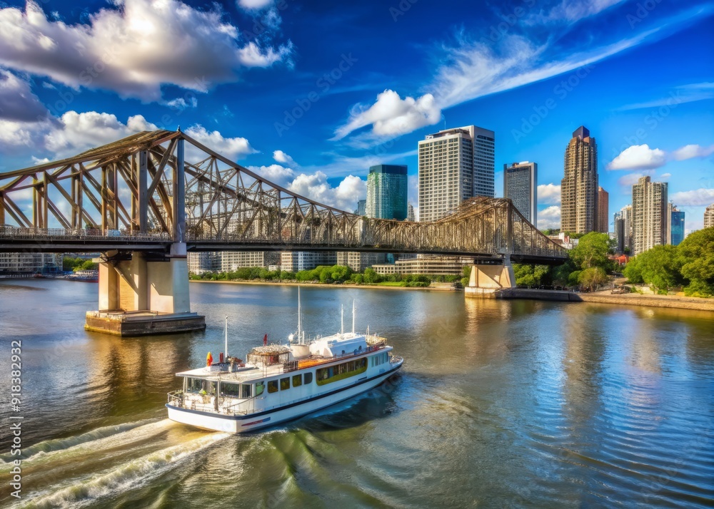 Naklejka premium A commuter ferry cruises along the Brisbane River, passing beneath the iconic Story Bridge's steel arches on a sunny day in Queensland's capital city.