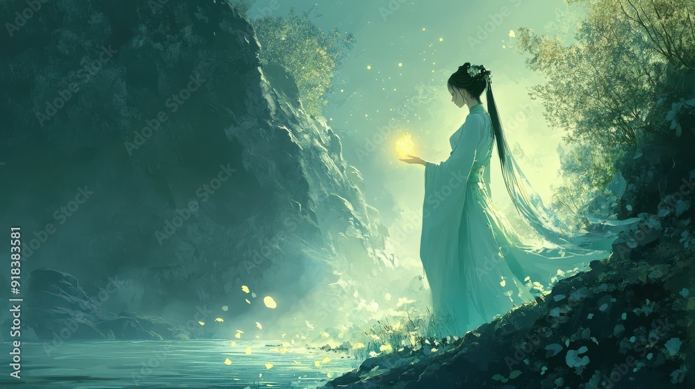 Cartoon illustration of a beautiful woman from a Chinese novel glowing enchantingly standing by a serene river Cartoon illustration of a beautiful woman from a Chinese novel glowing enchantingly standing by a serene river