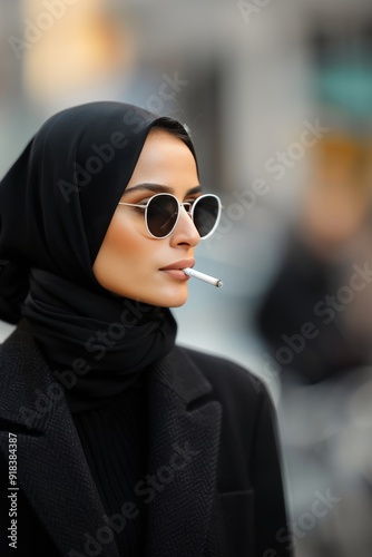 Elegant Woman Wearing Sunglasses in Urban Setting During Bright Day