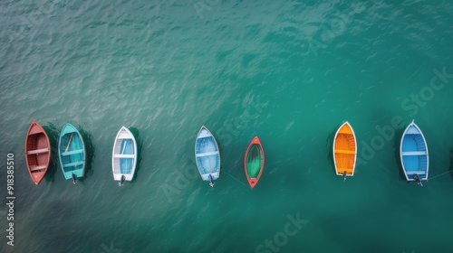 Colorful Fishing Boats Anchored in Clear Ocean Water