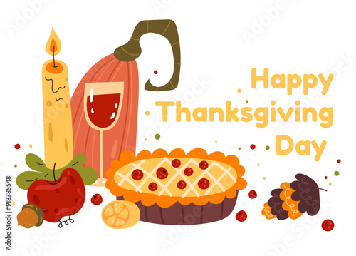 Thanksgiving wooden banner with pie and pumpking vector flat graphic design illustration