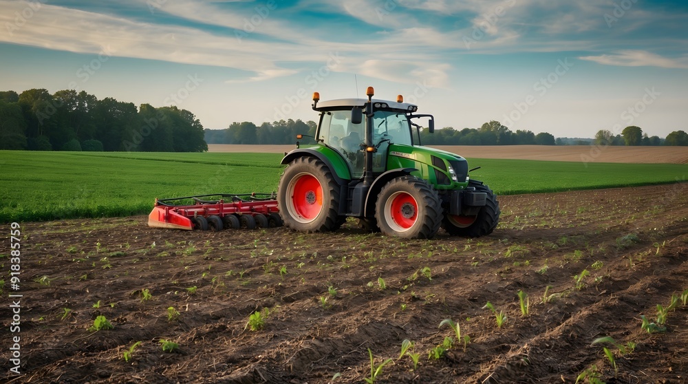 Obraz premium Concept photo shoot of red and white old tractor in field 