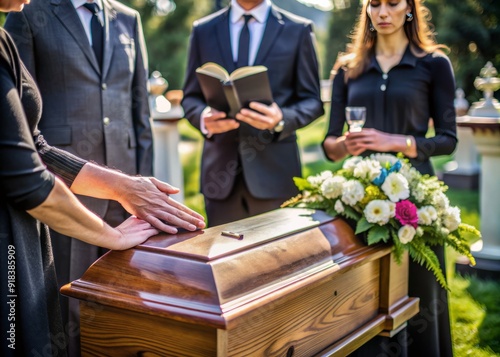 Comforting hands hold a worn Bible beside a coffin at a somber burial ceremony, surrounded by grieving loved ones and a solemn priest in a serene cemetery. photo