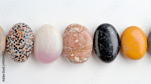 Colorful Variety of Polished Stones Displayed in a Row on a White Surface