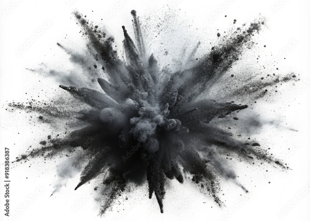 Dark, messy splash of black toner powder isolated on a clean white background, resembling a grungy explosion, perfect for representing printing or industrial themes. Dark, messy splash of black toner powder isolated on a clean white background, resembling a grungy explosion, perfect for representing printing or industrial themes.