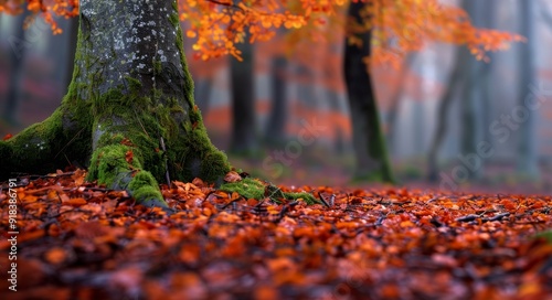 Majestic Autumn Tree Surrounded by Vibrant Fallen Leaves in Foggy Forest