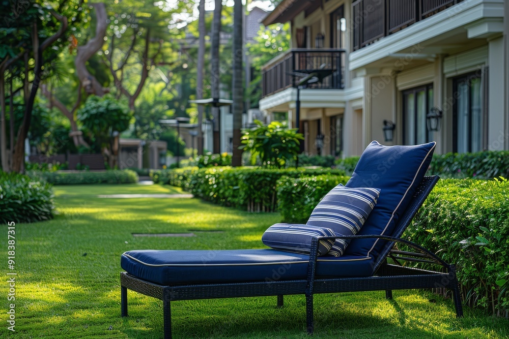 Blue and white outdoor sunbed with striped pillow on the lawn of a Thailand apartment complex, photographed in a professional style. Blue and white outdoor sunbed with striped pillow on the lawn of a Thailand apartment complex, photographed in a professional style.