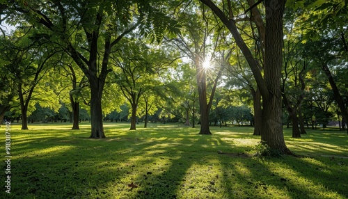 Sunlight filters through trees in a serene park during the afternoon