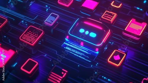 A digital abstract background with a futuristic technology interface featuring glowing neon lights and geometric shapes. The image represents innovation, connectivity, and the digital world.