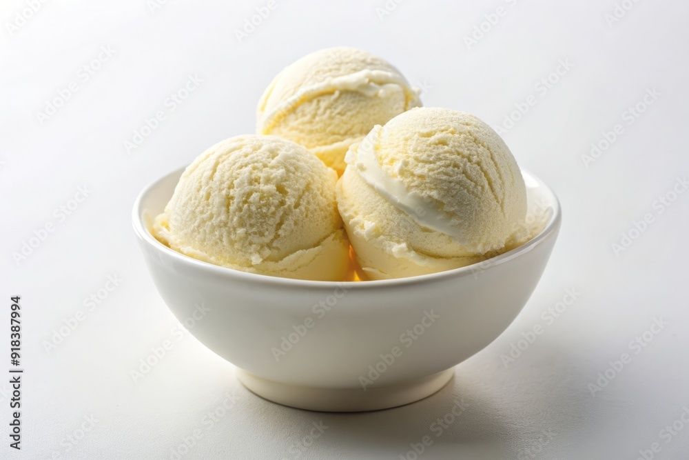 Freshly scooped vanilla ice cream fills a delicate glass dessert bowl, positioned centrally on a pristine white background, evoking a sense of simplicity and indulgence. Freshly scooped vanilla ice cream fills a delicate glass dessert bowl, positioned centrally on a pristine white background, evoking a sense of simplicity and indulgence.
