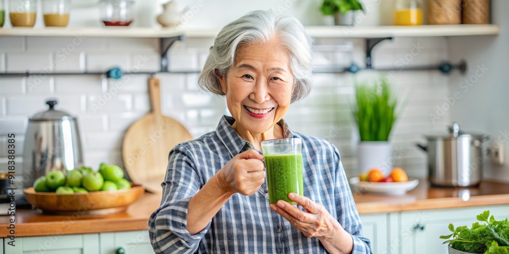 Happy elderly Asian woman blending green detox smoothie in kitchen, holding glass of vibrant healthy drink, promoting senior wellness, healthcare, and nutrition concepts. Happy elderly Asian woman blending green detox smoothie in kitchen, holding glass of vibrant healthy drink, promoting senior wellness, healthcare, and nutrition concepts.