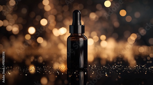 A glass dropper bottle stands out against a backdrop of shimmering golden bokeh, symbolizing luxury, elegance, beauty, wellness, and premium quality.