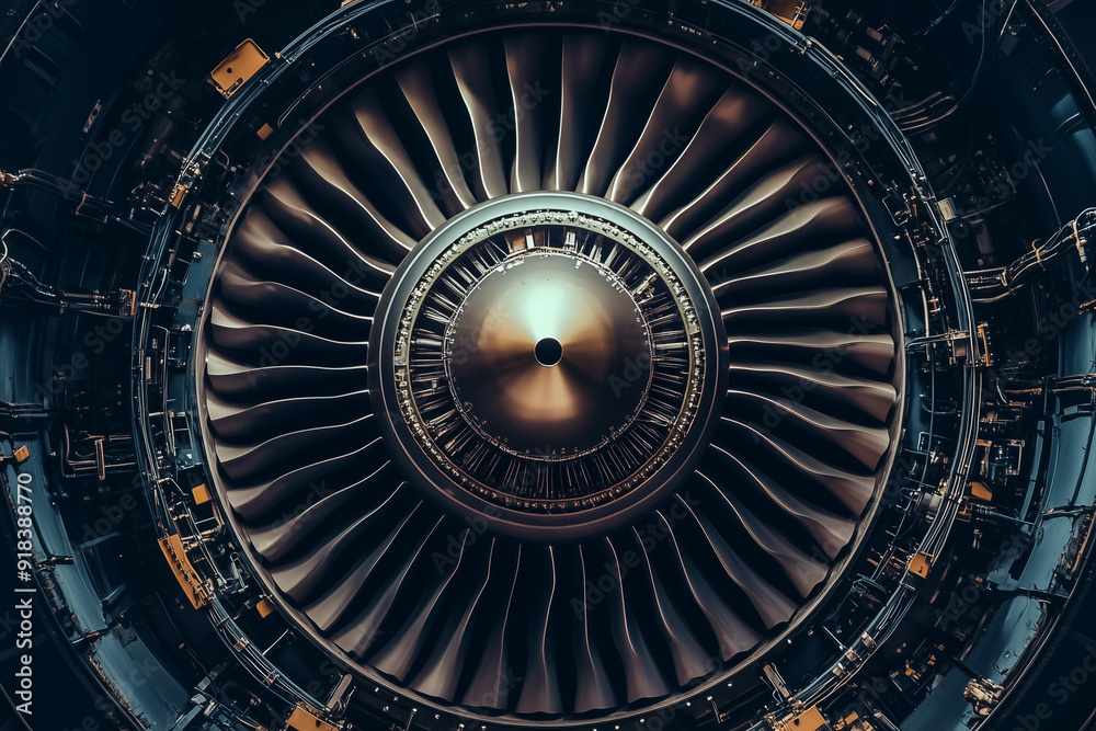 Fototapeta premium Close up shot of jet engine from airplane, Hard material jet engine.