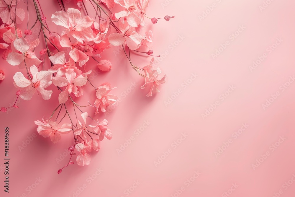Serene layout of gentle pink blossoms against a soft pastel backdrop for a tranquil feel Serene layout of gentle pink blossoms against a soft pastel backdrop for a tranquil feel