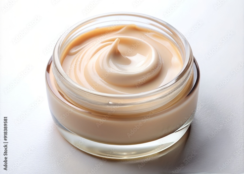 Macro shot of smooth, rich cosmetic cream with subtle sheen, artfully smeared on a pristine white background, showcasing luxurious skincare product texture. Macro shot of smooth, rich cosmetic cream with subtle sheen, artfully smeared on a pristine white background, showcasing luxurious skincare product texture.