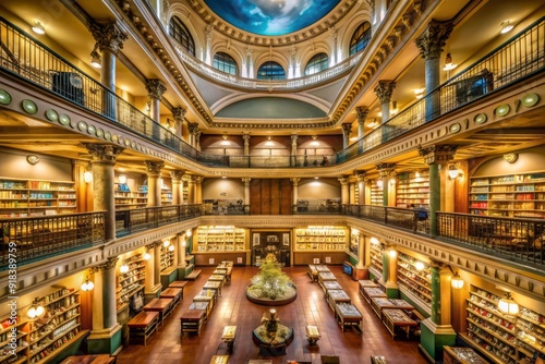 Majestic El Ateneo Grand Splendid bookstore in Buenos Aires, Argentina, featuring a stunning ornate ceiling, grand staircase, and towering bookshelves, bustling with activity. photo