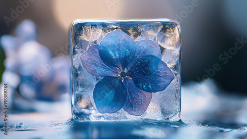 A blue hydrangea inside a crystal-clear ice cube, with ultra-detailed, sparkling effects and a magical, 3D appearance.