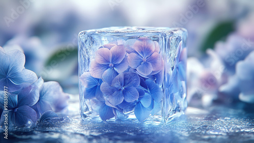 A blue hydrangea inside a crystal-clear ice cube, with ultra-detailed, sparkling effects and a magical, 3D appearance.