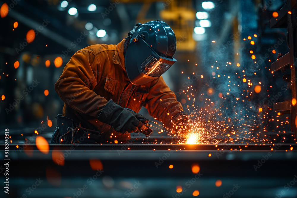 Close up shot gas welder with welding helmet ,hard hat, gloves and protection suit, Argon welder in steel factory. Close up shot gas welder with welding helmet ,hard hat, gloves and protection suit, Argon welder in steel factory.
