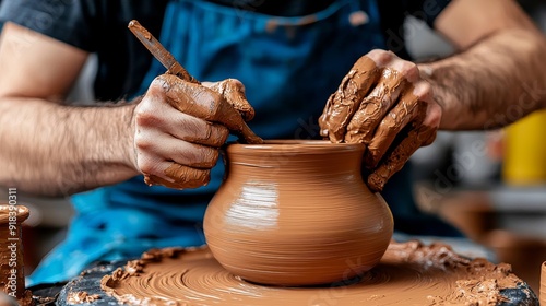 Artisanal pottery workshop, potter at wheel, finished ceramics