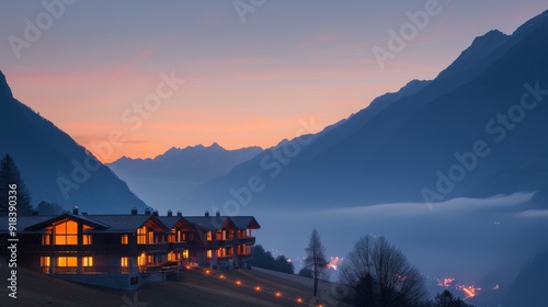 Serene Mountain Lodge at Dusk With Soft Ambient Lights in the Valley
