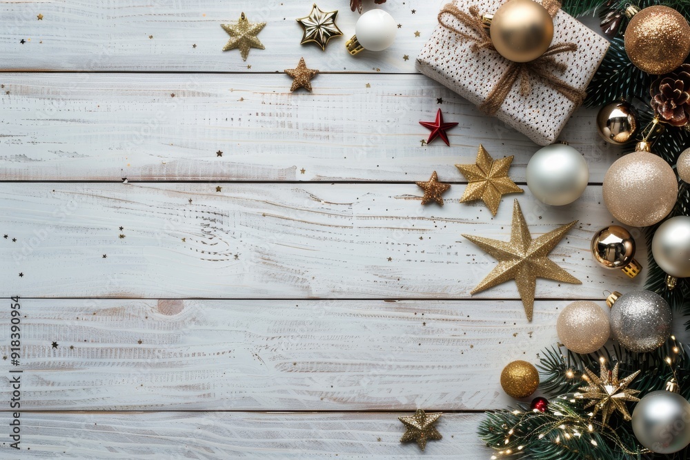 Golden And Silver Christmas Ornaments Arranged On A Rustic Wood Background Golden And Silver Christmas Ornaments Arranged On A Rustic Wood Background