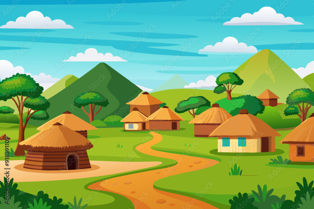 Vector illustration of countryside surrounded by green meadows and trees Vector illustration of countryside surrounded by green meadows and trees