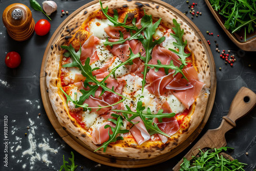 Pizza with prosciutto and arugula.