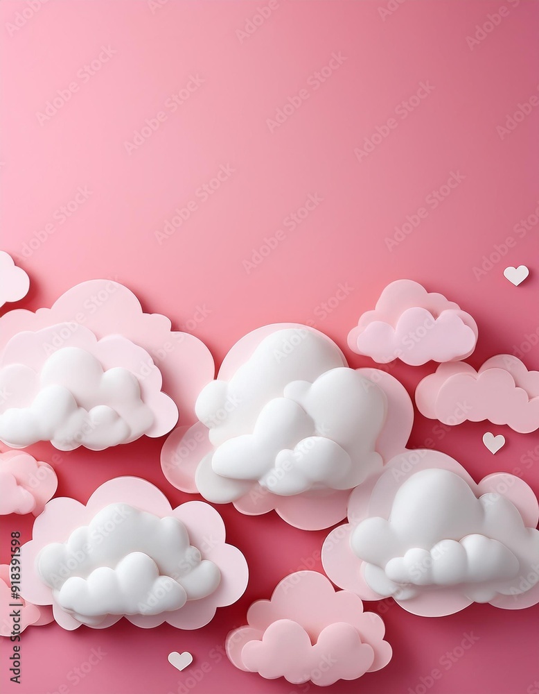 Beautiful clouds on pink backdrop. Place for text. Happy Valentine's day, happy mother s day background, baby girl wallpaper. Romantic sale layout template, border header. Vector illustration