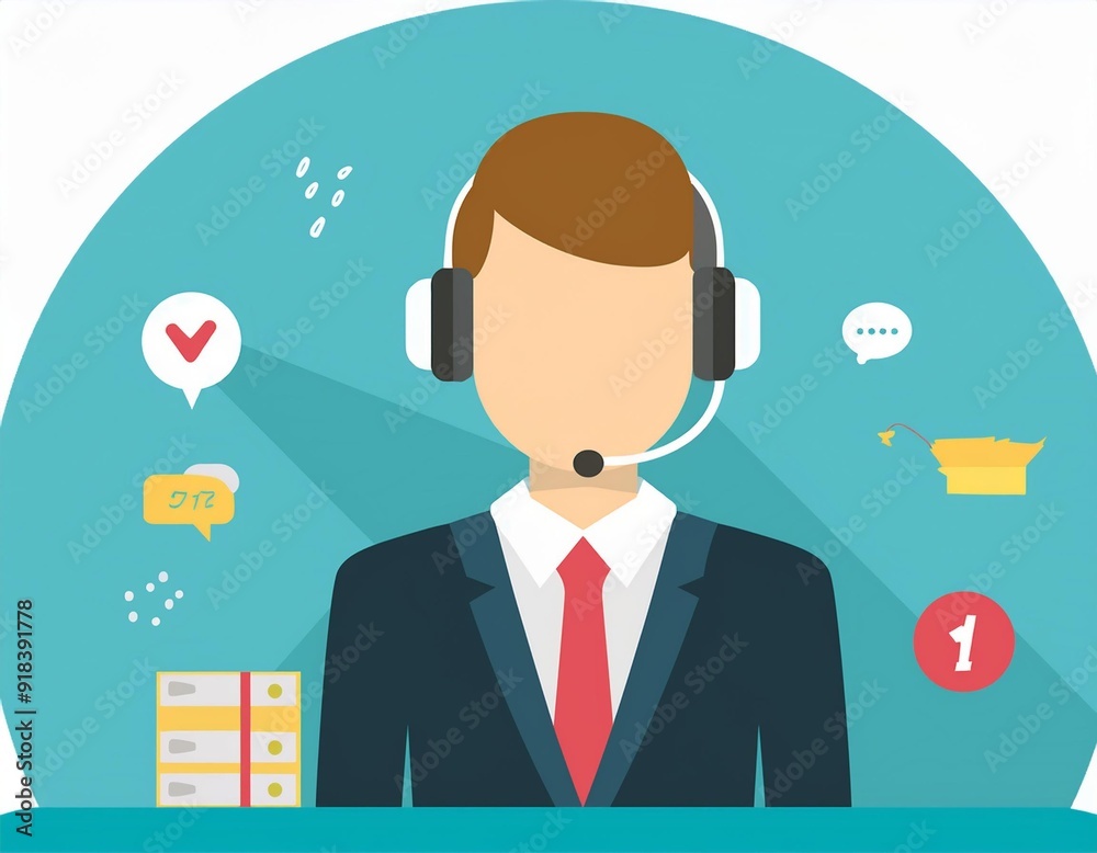 Dispatcher with headphone, round icon. Telephone operator in a jacket. Concept of call center or support.